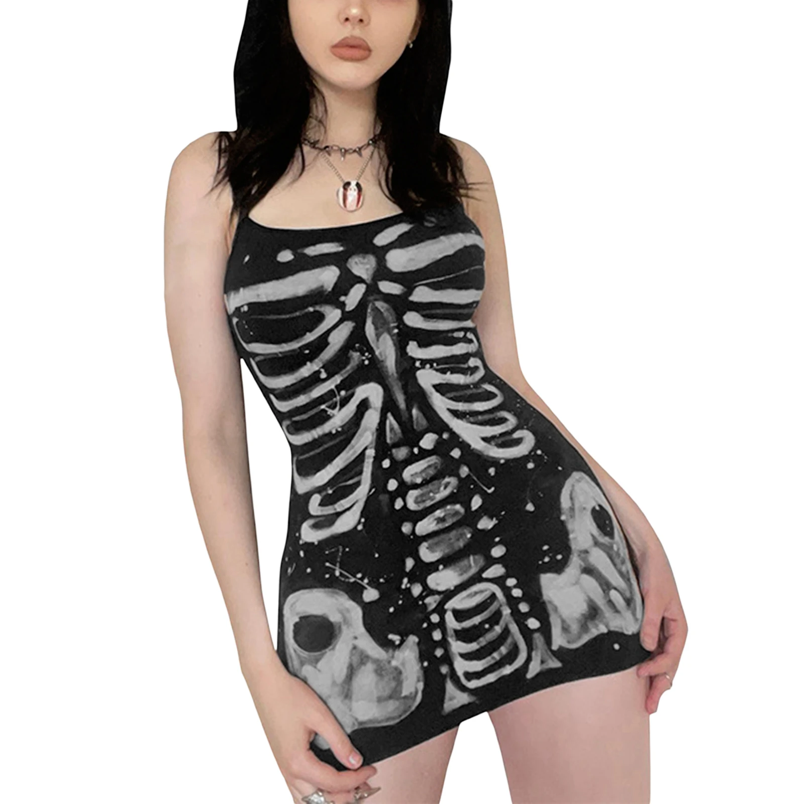 

E-girl Gothic Bone Printed Mini Dress Y2K Aesthetic Vintage Slim Fit Spaghetti Strap Dress Punk Hip Hop Retro Grunge Clothes