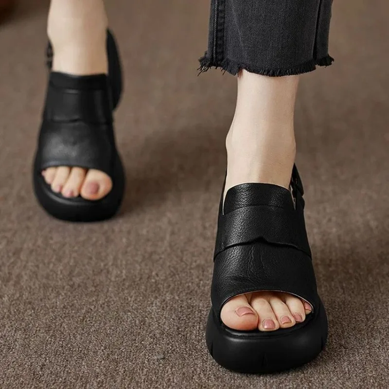 

Women's Sandals Platform Open Toe Very High Block Heel Textured Upper Slingback Hook-And-Loop Strap Walking Ladies Footwear