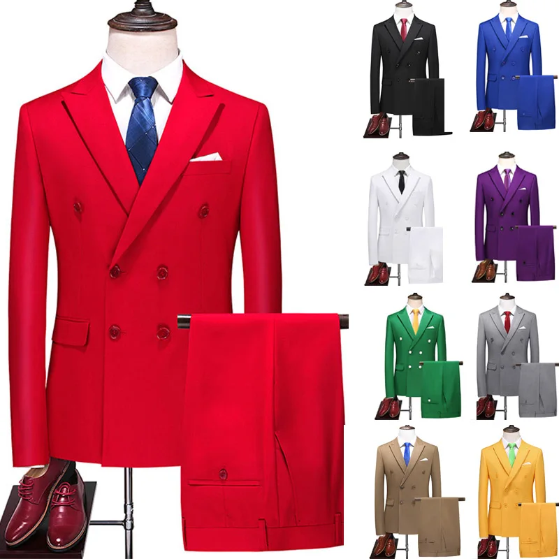 

Fall Autumn Red Double-Breasted Suit Set Men's plus Size Formal Wedding omsmen Busin Casual Outerwear Coat Jaet