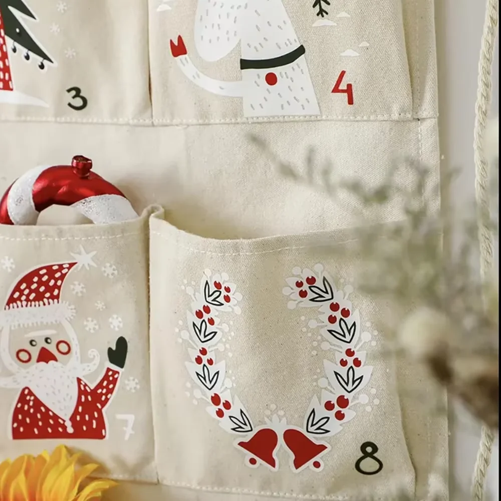 عيد الميلاد تقويم القدوم قابلة لإعادة الاستخدام 24 يوما جيوب العد التنازلي تقويم القدوم حقيبة تخزين قابلة للحمل عيد الميلاد عطلة ديكور جدران المنزل #4