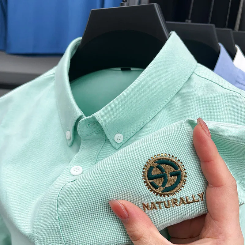 cotton100% men's high quality autumn long sleeves shirt lapel embroidery solid color t-shirt leisure fashion men's clothing tops