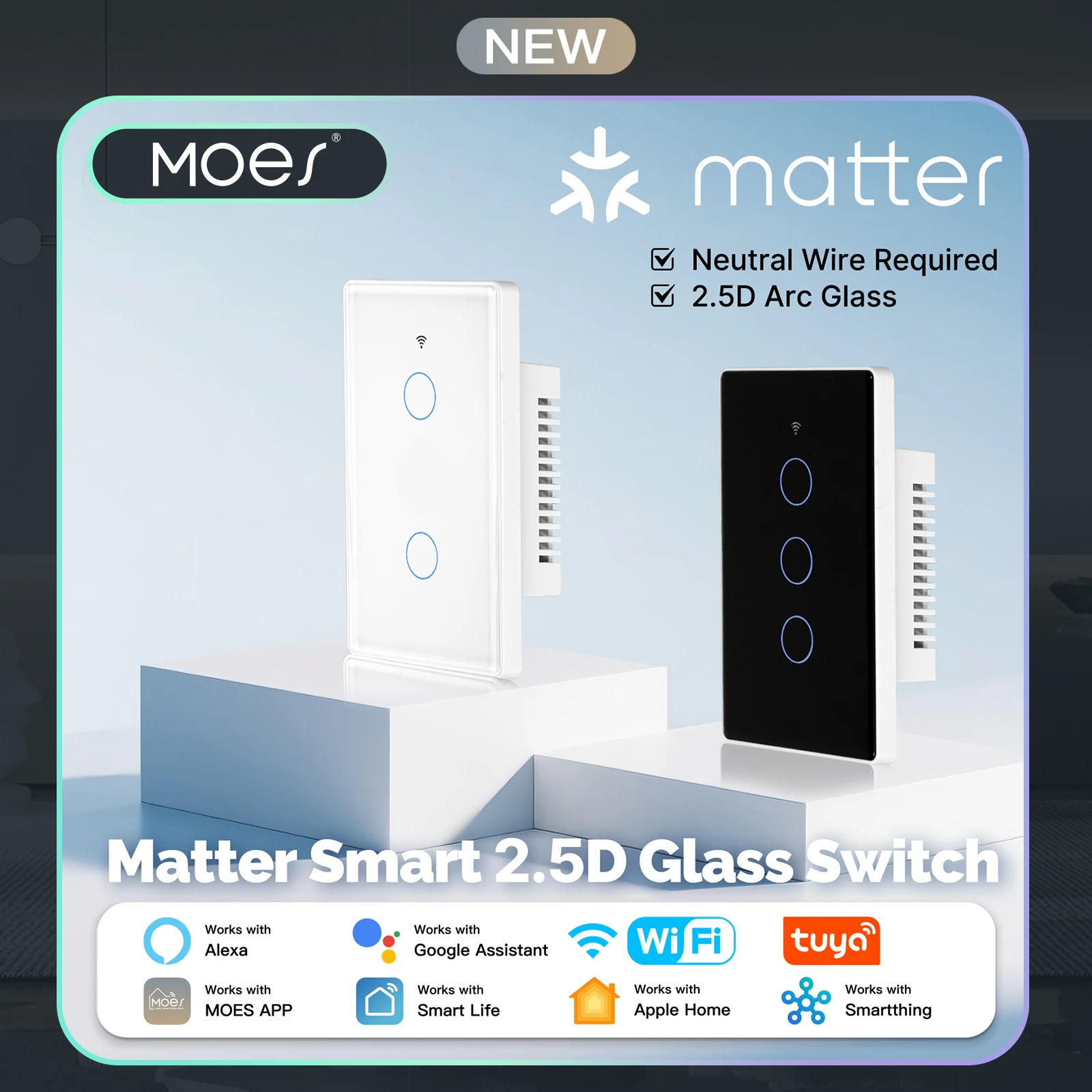 

MOES Tuya Matter WiFi Smart Light Switch 2.5D US Verison Neutral Wire Required With Alexa Google Home Apple Homekit Smartthings