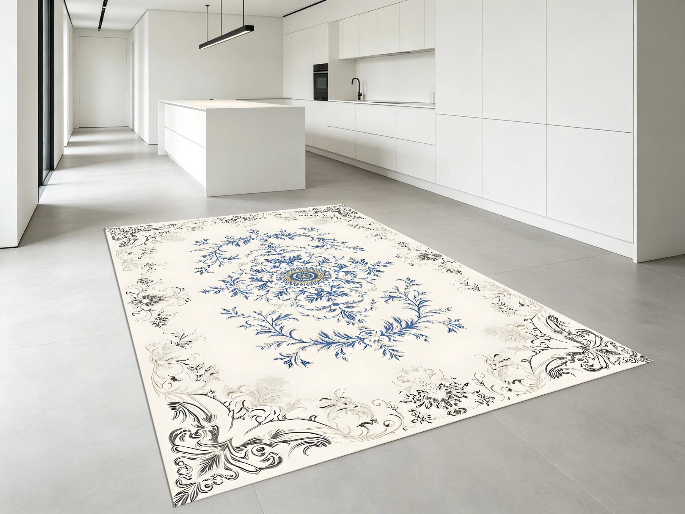 2D Velvet Rug in Creamy White & Blue Tones, French Retro Style, Soft & Skin-Friendly, for Living Rooms & Bedrooms