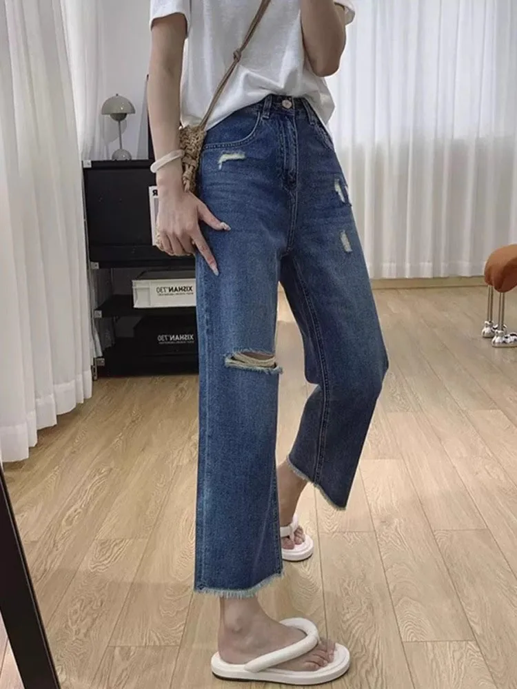 

High Waist Wide Leg Blue Jeans Women's Spring Thin Style plus Size Loose Fit Straight Cut Denim Pants Torn Hole Detail