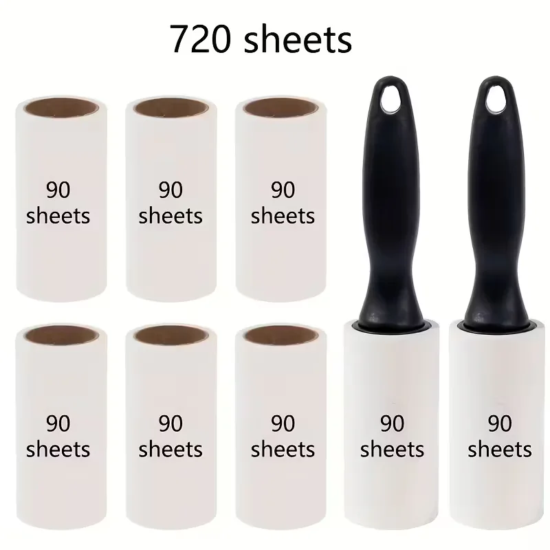 8 pcs sticky hair roller refill roll (720 sheets) with 2 handles - super sticky, fragrance-free type, suitable for pet hair and