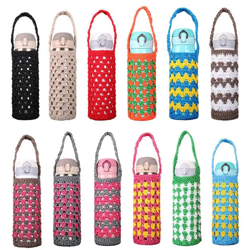 Portable Thermos Cup Sleeve with Handle 400-600ml Crochet Water Bottle Cover Case Knitting Water Bottles Holder Bag Cover Pouch