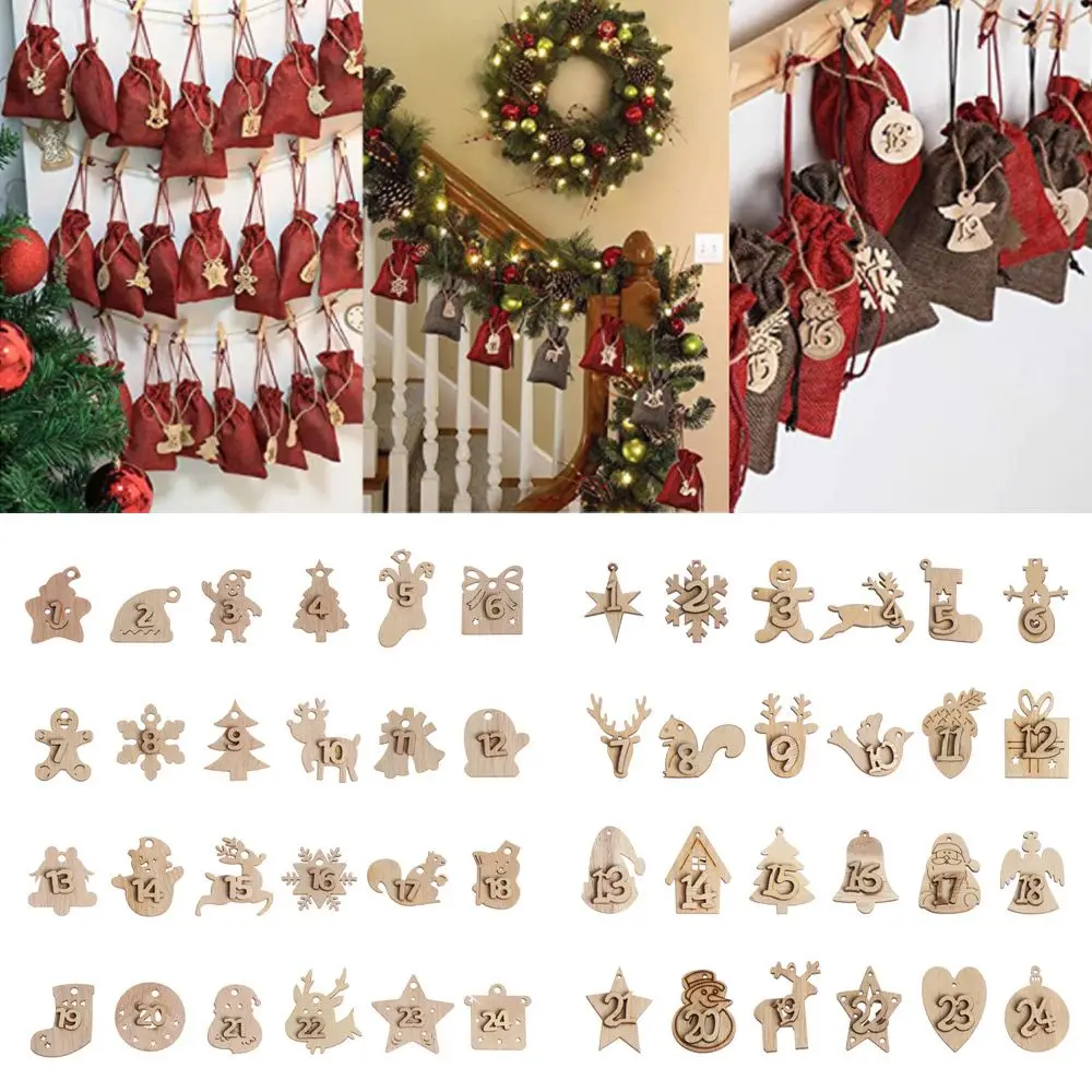 24pcs/set Biscuit Package Gift Bags Decor Xmas Number Label Wooden Pendant Countdown Hanging Tags Christmas Advent Calendar