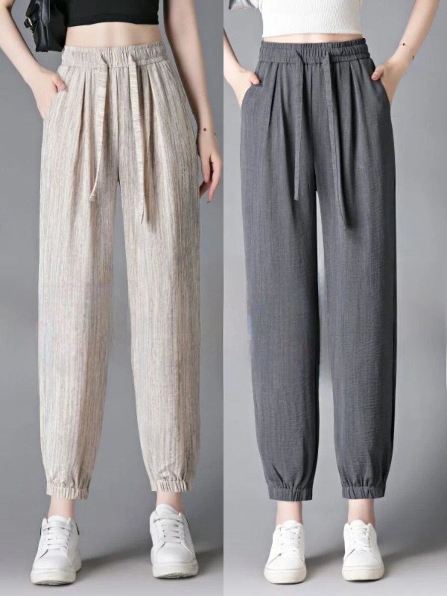 High Waist Harlan Sport Pants Women's Summer Thin Cotton Linen Lyocell Quick Dry Nine Points Cuffed Pants Casual Pants