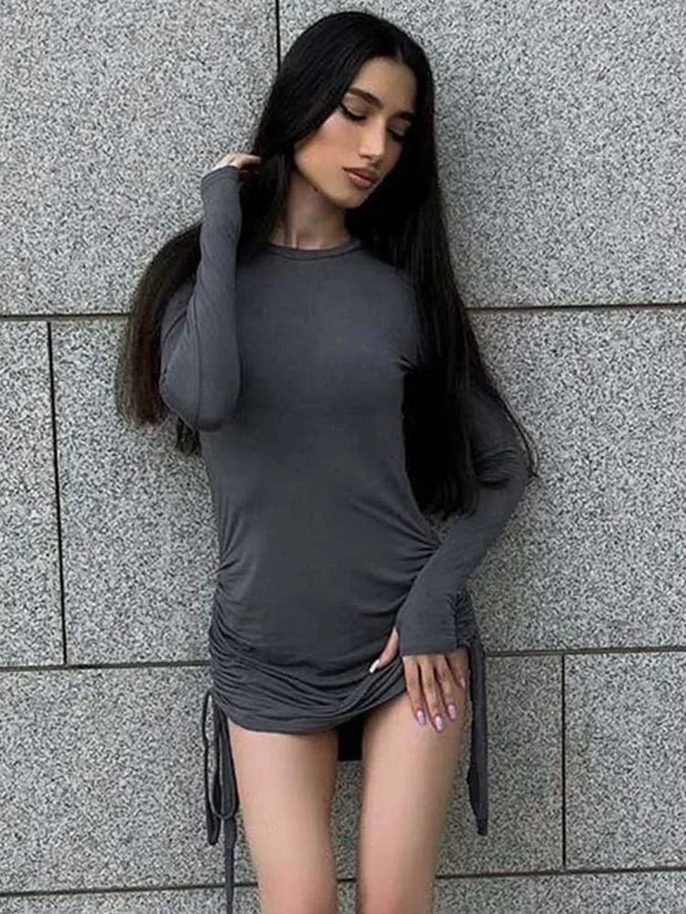 Women's Ruched O Neck Long Sleeve Black Dress Drawstring Bodycon Bandage Mini Autumn Fashion Sexy Casual Dresses