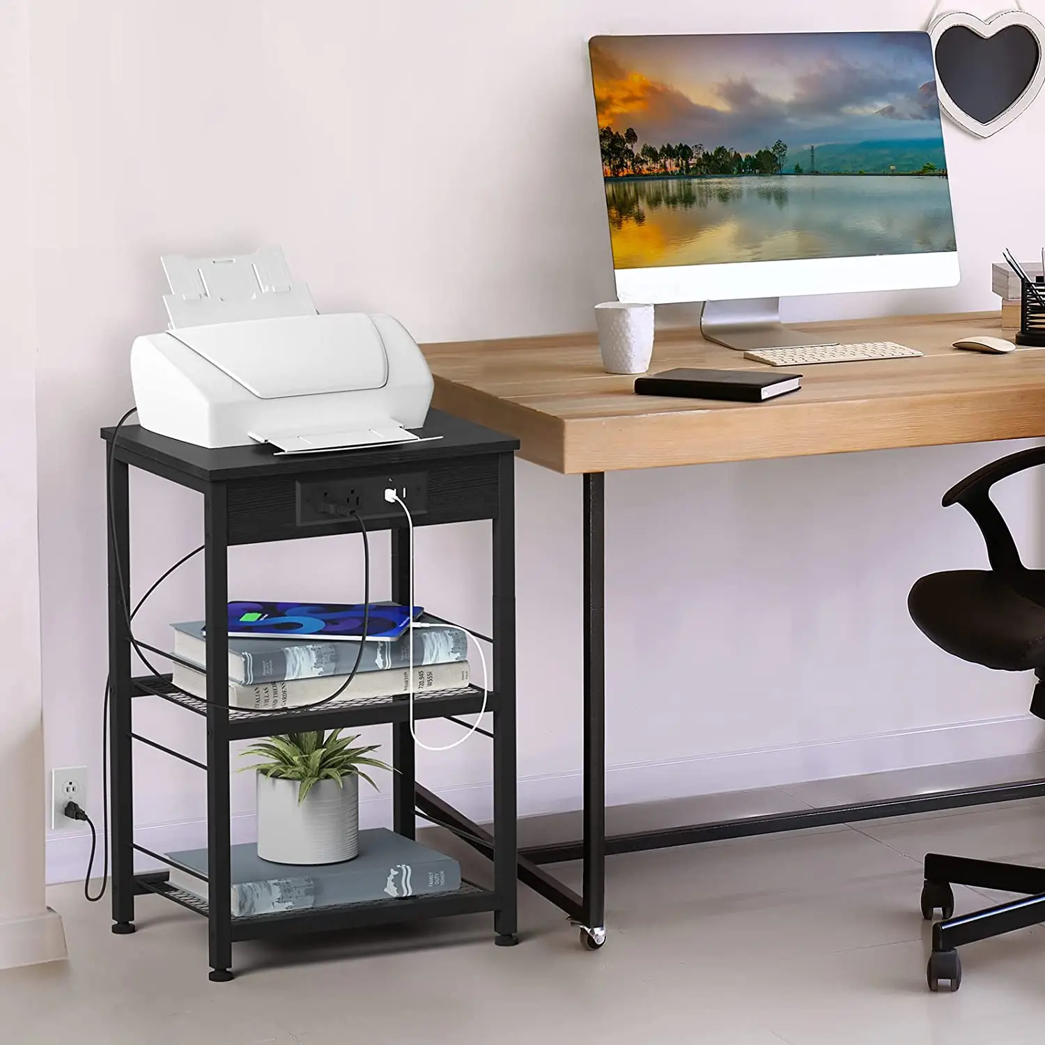 Bedside Table 3-Tier Industrial Nightstand End Side Table w/ USB Ports&Outlets&Storage Shelves