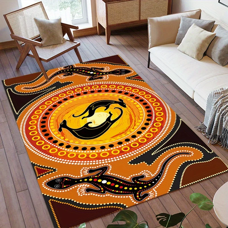VIKAMA Aboriginal Lizard Kangaroo Area Rug Australian Ethnic Circle Dot Art Print Washable Soft Carpet for Living Room Decor Rug