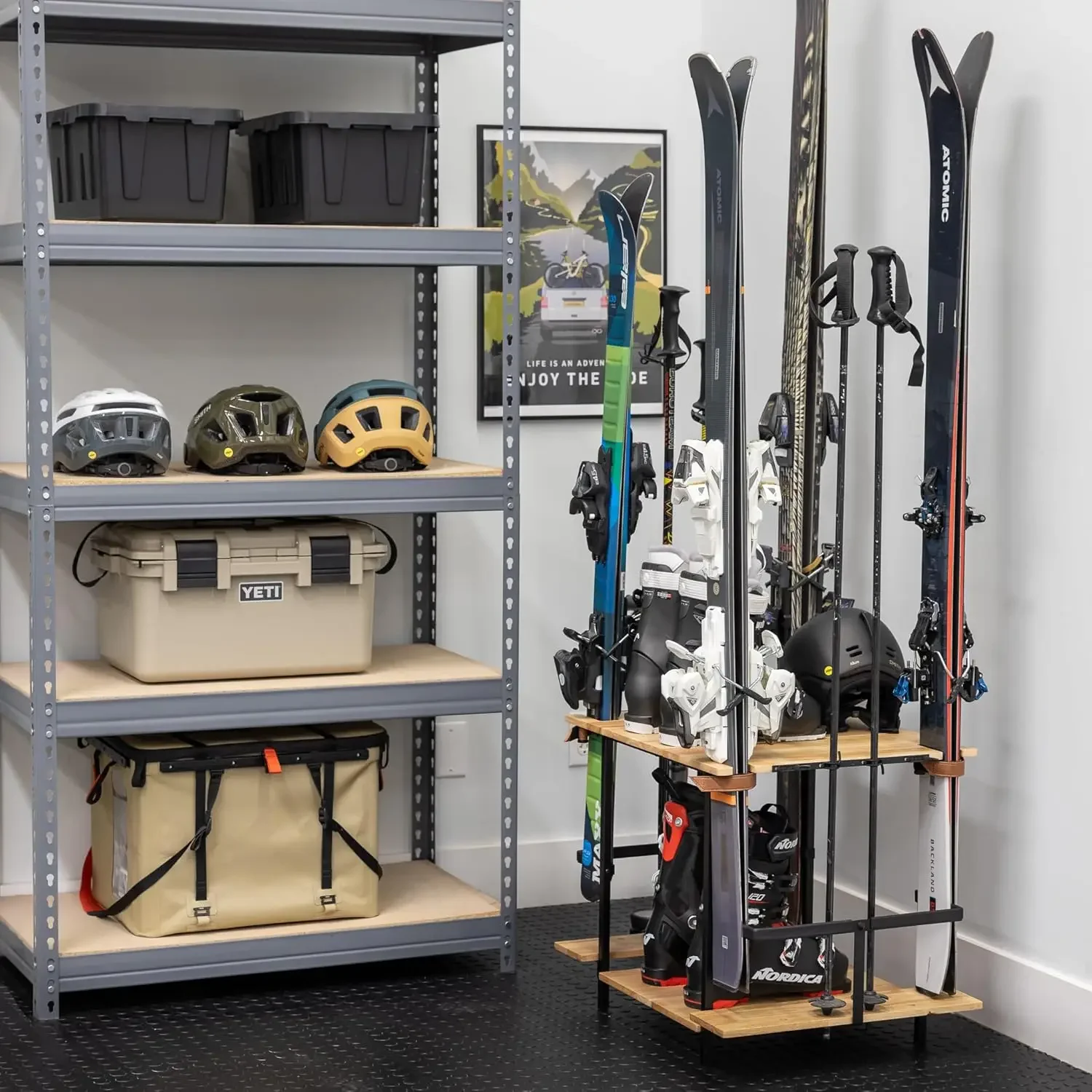 Triangle Freestanding Ski Organizer Floor Stand Storage Rack for 4 Skis Poles Boots Bags and More