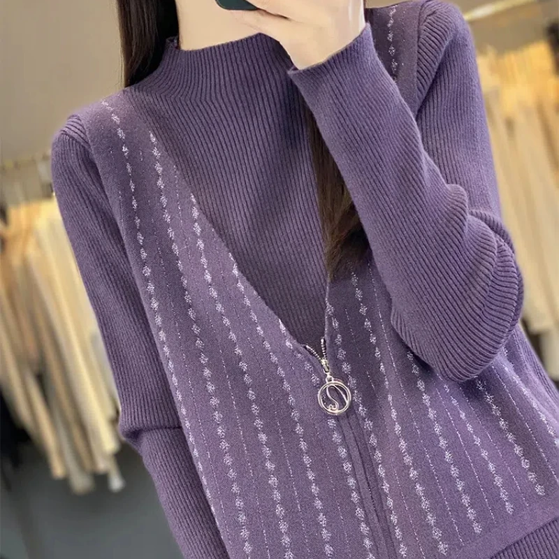 Temperament Autumn/Winter Sweaters Fake Two Pieces Women\'s Mock Neck Printing Zipper Korean Long Sleeve Pullovers Knitted Tops