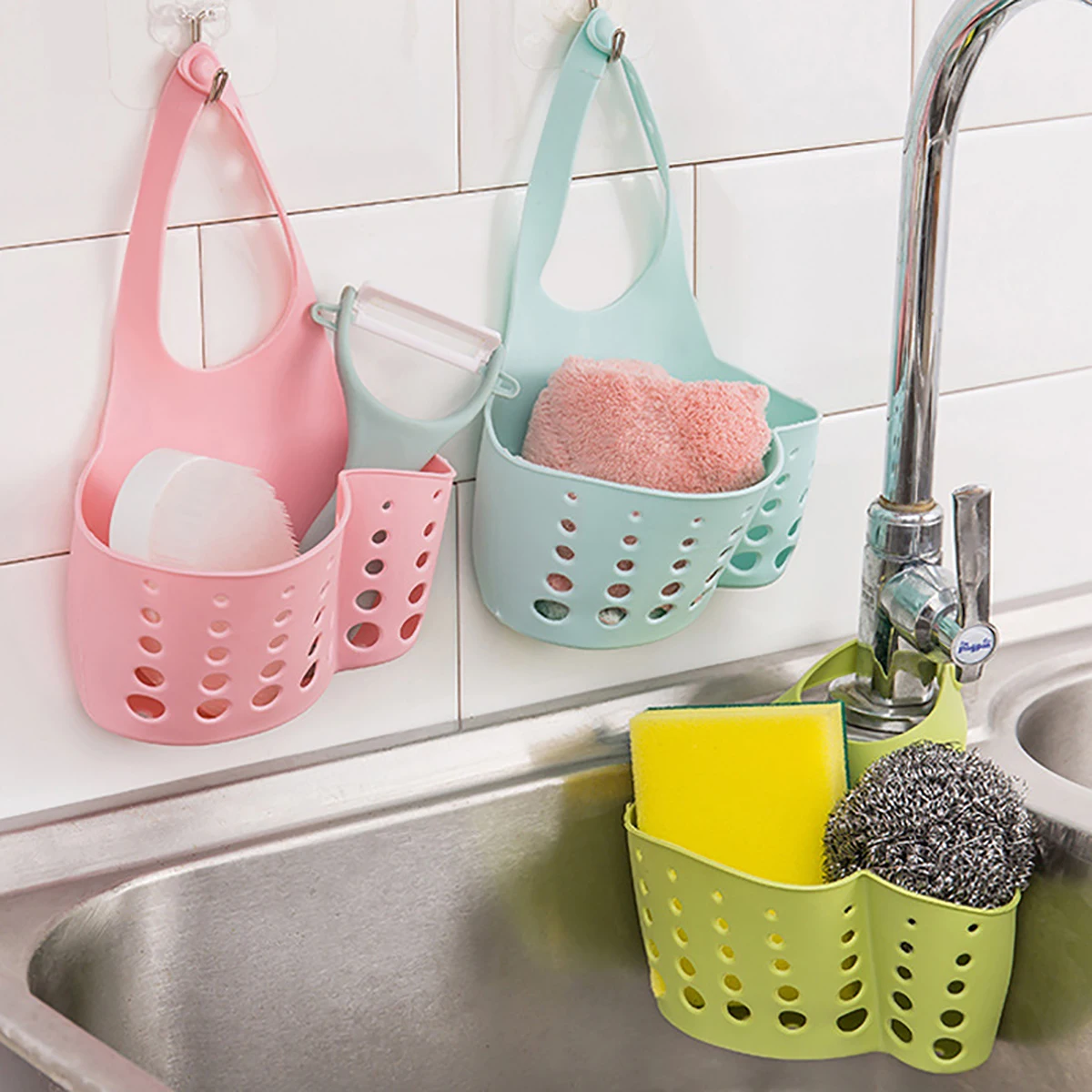 Adjustable Sink Storage Drain Basket Plastic Bag Useful Things For Kitchen Accessories Soap Sponge Hanging Organizer Storage