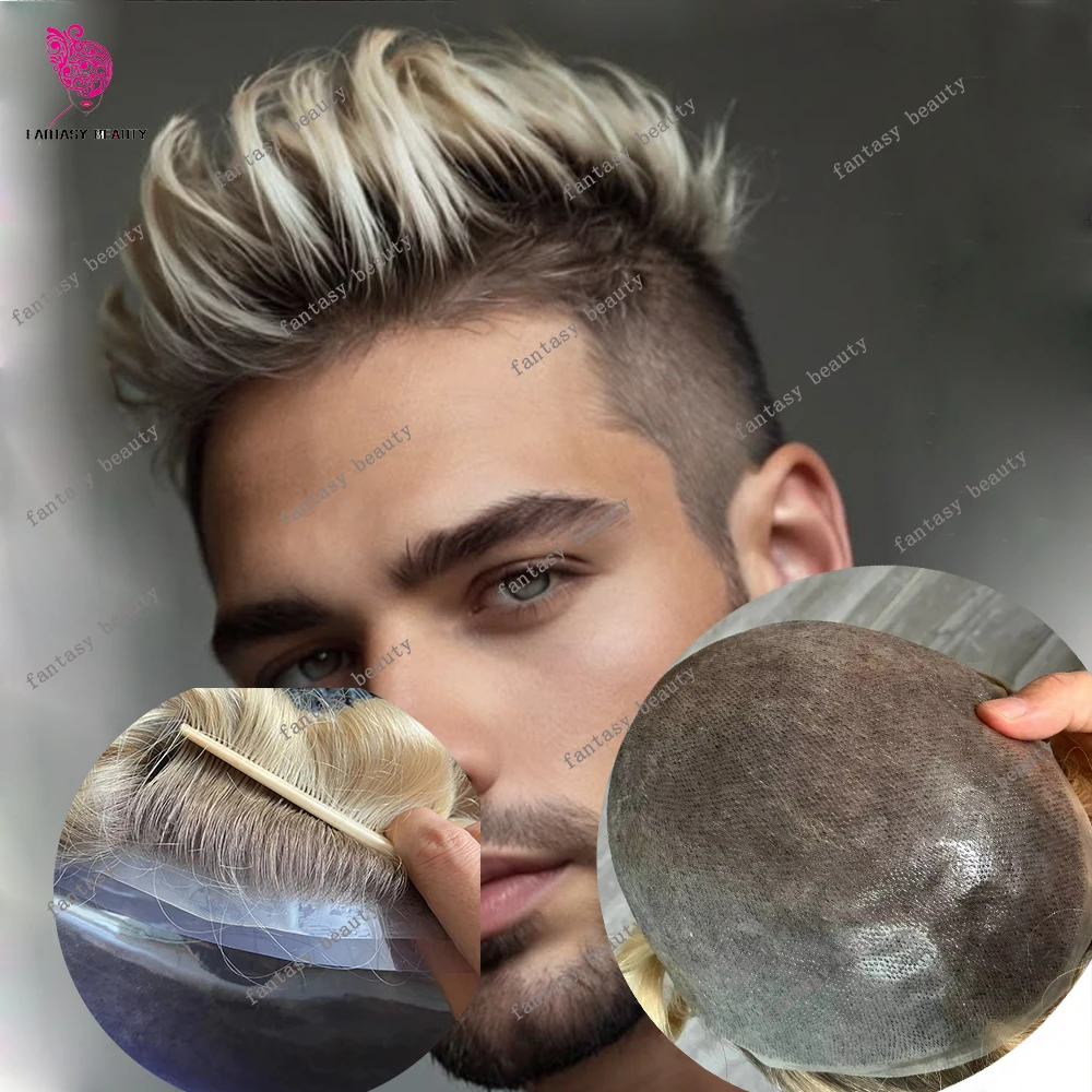 Men's 4T613# Ombre Honey Brown Blonde Wigs 100% Human Hair Natural Hairline Capillary Prosthesis System Durable Thin Skin Toupee