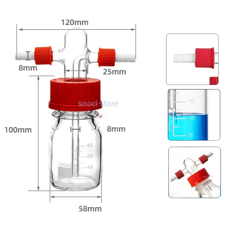 Screw Mouth Gas Washing Bottle GL45 High Borosilicate 100ml-500ml Glass Bottle Lab Washing Buffer PP Caps Sealed Bottle,1Piece