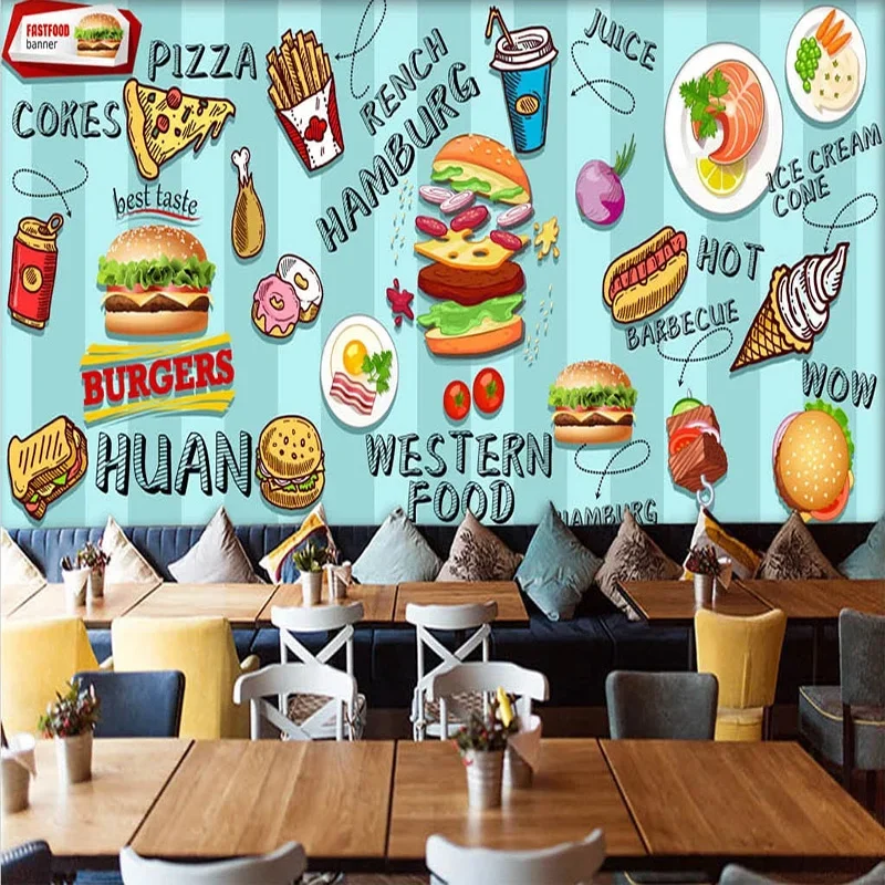 

Custom 3D Wallpaper Hand-painted Hamburg Fast Food Restaurant Snack Bar Background Wall Decor Photo Murals Personality Wallpaper