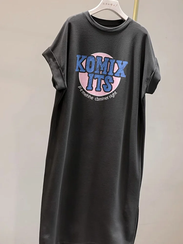 Laid-back Style American Retro Print Long T-shirt Dress Women Loose Straight Cut Dress Summer Casual round Neck Short Sleeve