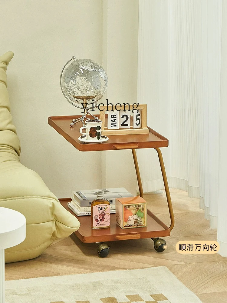 Zf Movable Side Table Retro Trolley Light Luxury Solid Wood Mid-Ancient Storage Dining Car Home