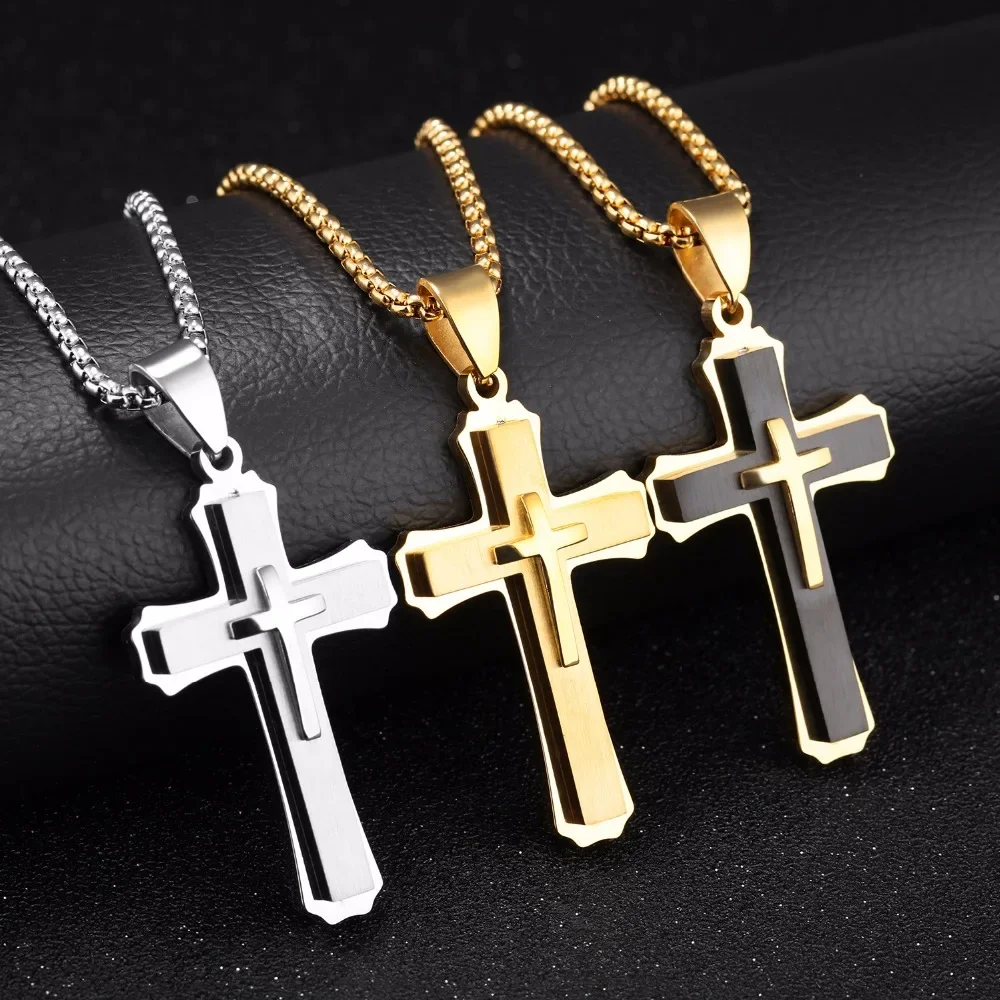 Men Necklaces & Pendants Male Cross Necklace Punk Stainless Steel Chain Fashion jewelry White Black Golden