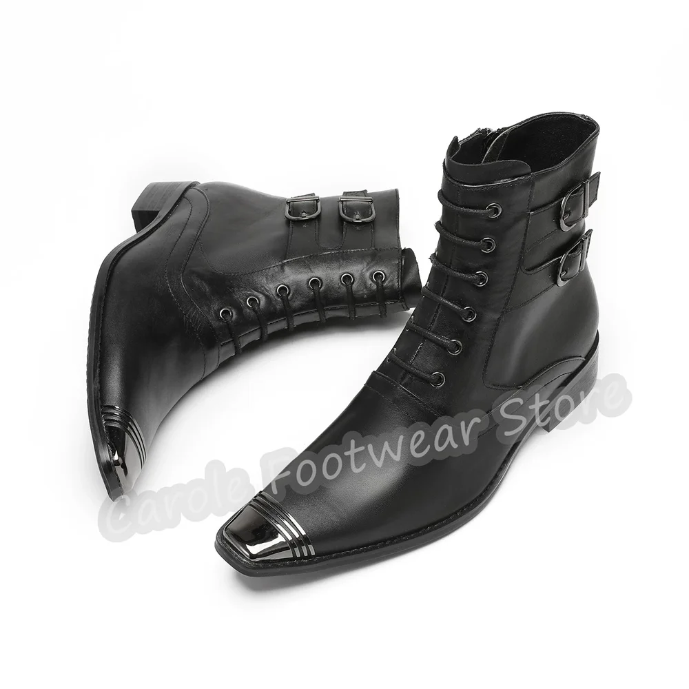 Botas de tobillo para hombre de cuero genuino negro estilo punk, con punta metálica, cordones y correas con hebilla, botines Chelsea para bodas y fiestas al estilo western.