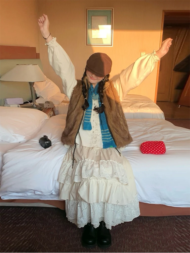 

MOWENTI Lace Layered Cotton Linen Elastic Waist Breathable Skirt Simple Sle Teenage Girls Ciwalk A-Line Skirt F704