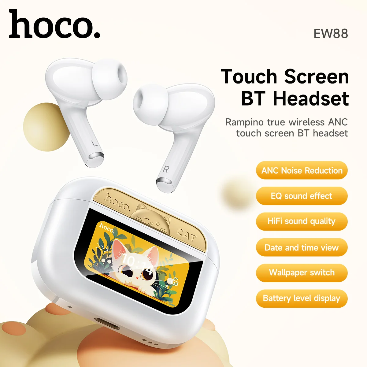 

HOCO Wireless ANC Noise Cancelling Bluetooth 5.4 Music Earphones Smart Touch Screen Charging Box 5 EQ Modes HiFi Stereo Earbuds