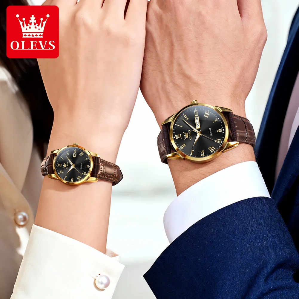 OLEVS Original Couple Watch Mens Watches Leather Luxury Fashion Dress Analog Quartz Wrist Watch Luminous Waterproof Date 5892