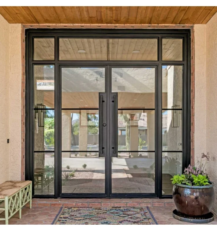 xx-Customization Simple Design Heavy Duty Wrought Iron Frame Tempered Glass Double Swing Villa Front Door