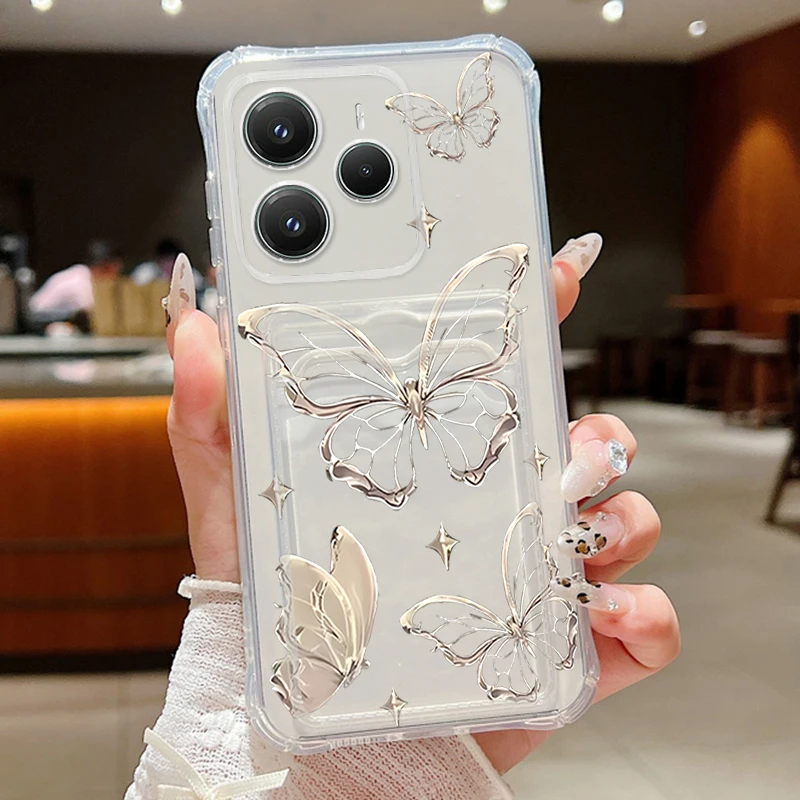 Linie Schmetterling Drucken Fall Für Xiaomi 14T 13T Pro Karte Slot Weiche Silikon Stoßfest Transparent TPU Telefon Abdeckung für Xiaomi 13T