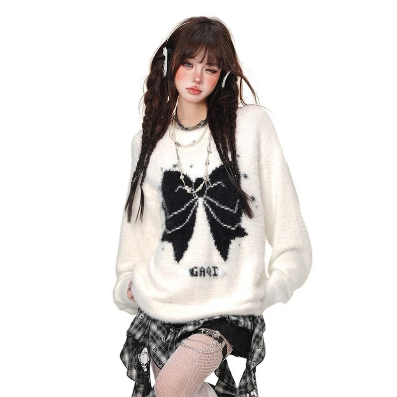 Woman Harajuku Kawaii Knitted Sweater E-girls Loose Y2k Print Pullovers Casual Korean Fashion Sweet Jumpers Spicy Girls Chic