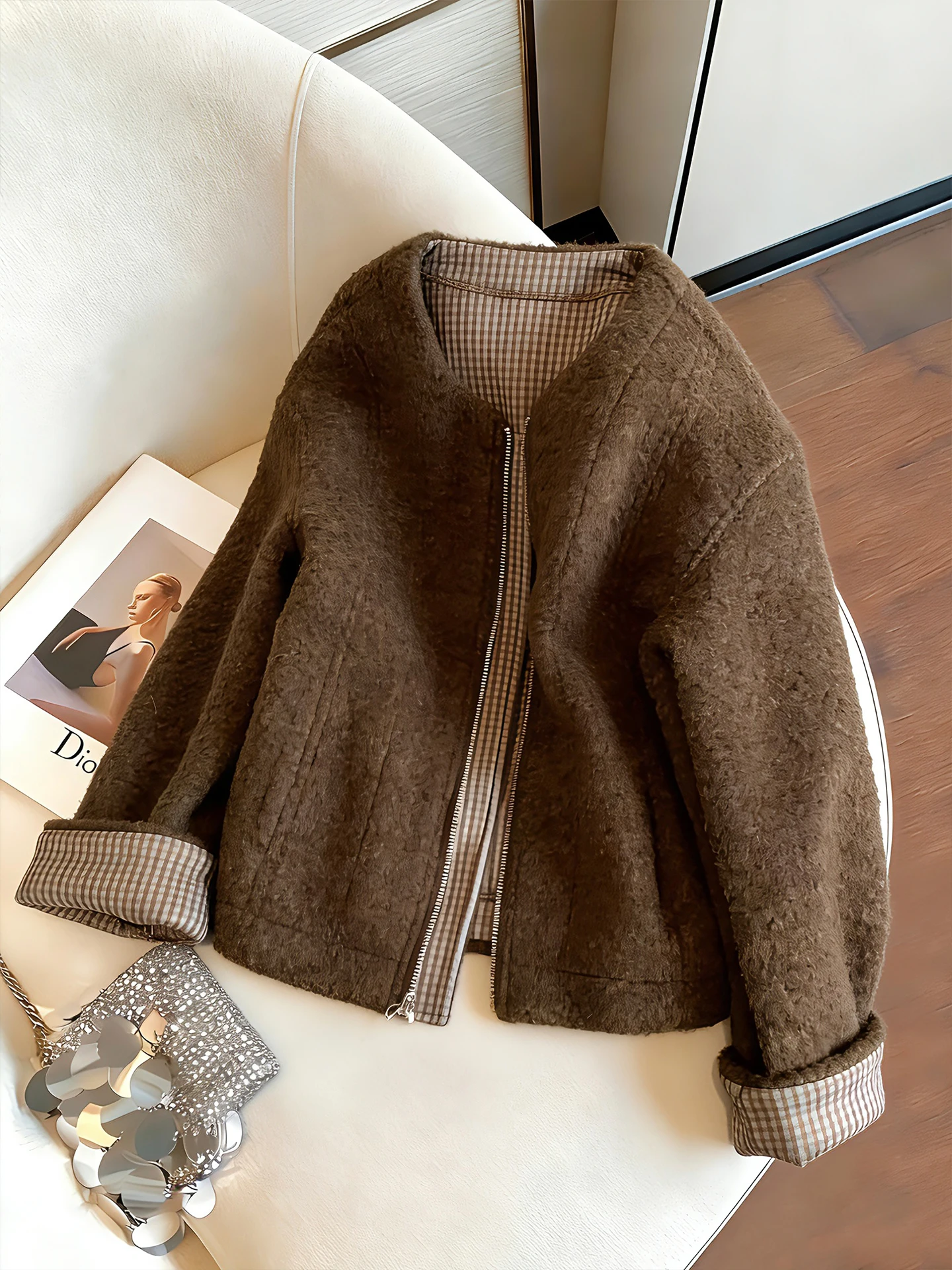 

Retro Plaid Splicing round Ne Woolen Coat Loose Fit Faionable Spring Autumn ex Slimming Versatile Women's Top