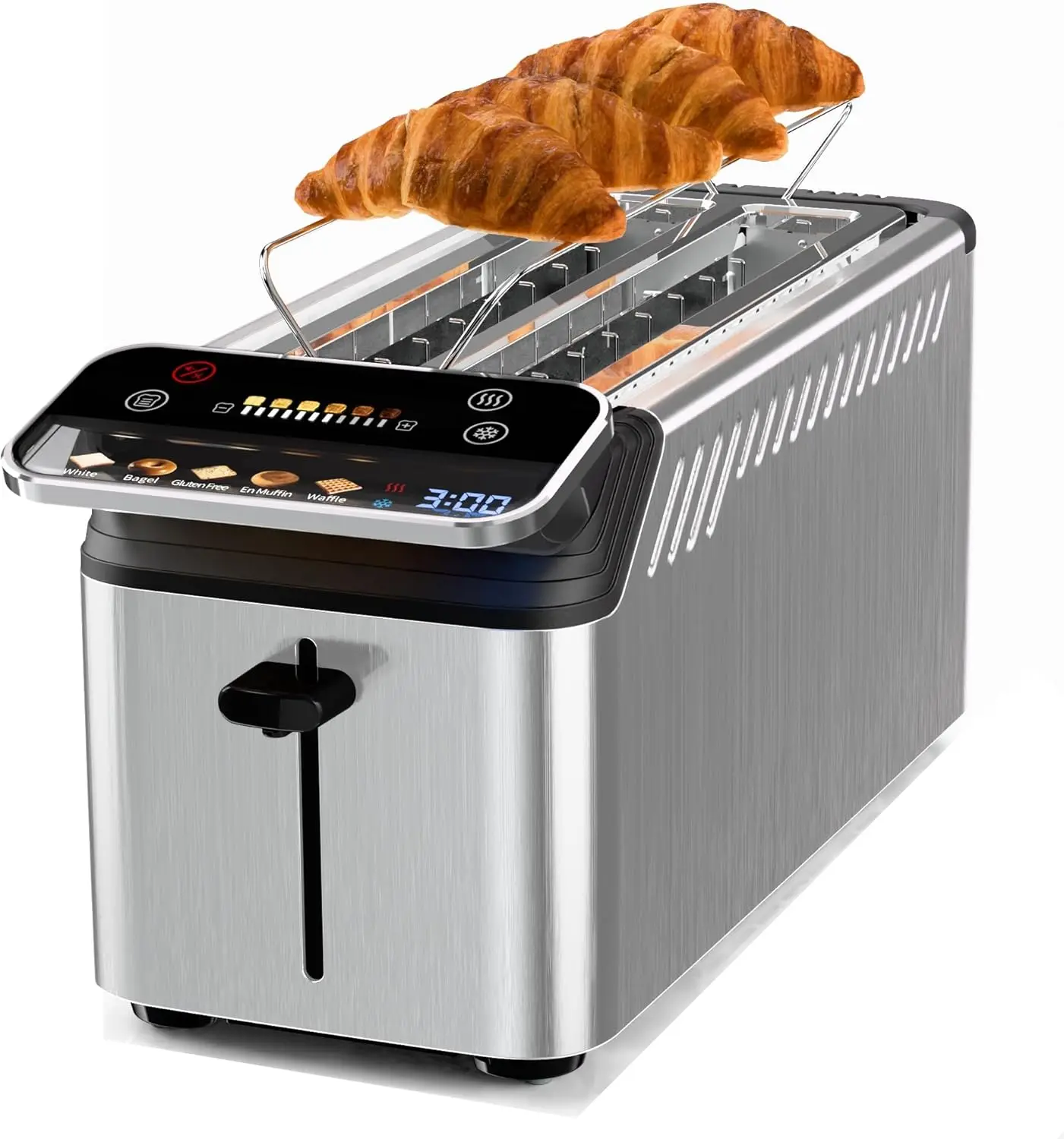 

Тостер на 4 тоста с сенсорным экраном и проекционным дисплеем, широкие слоты для багелов, 11 уровней обжарки, цифровой таймер и подогревающая полка