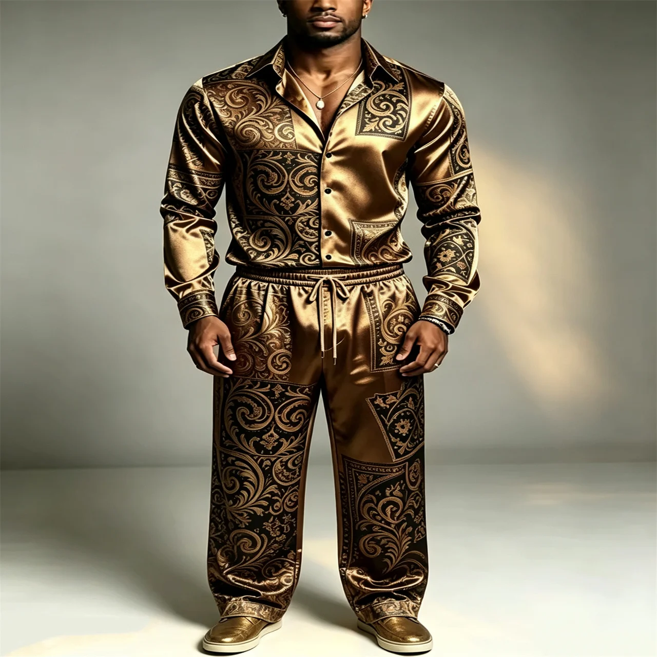 Men Luxury Satin Baroque Print 2‑Piece Outfit Long Sleeve Button Shirt + Drawstring Wide Leg Pants Set Nightclub Party Tracksuit