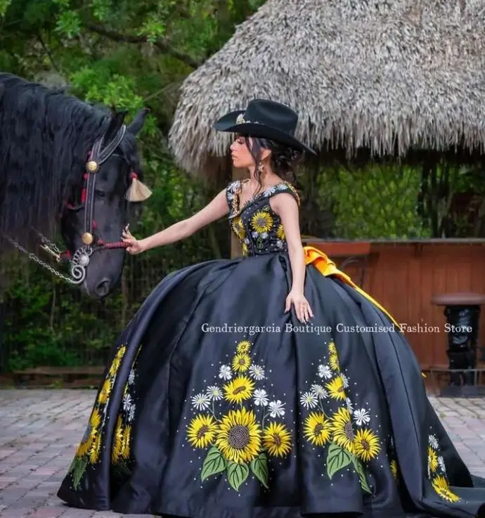 Princesa mexicana negra Quinceanera vestidos, bordado floral 3D, aplique frisado, vestidos de luxo para eventos, 2024