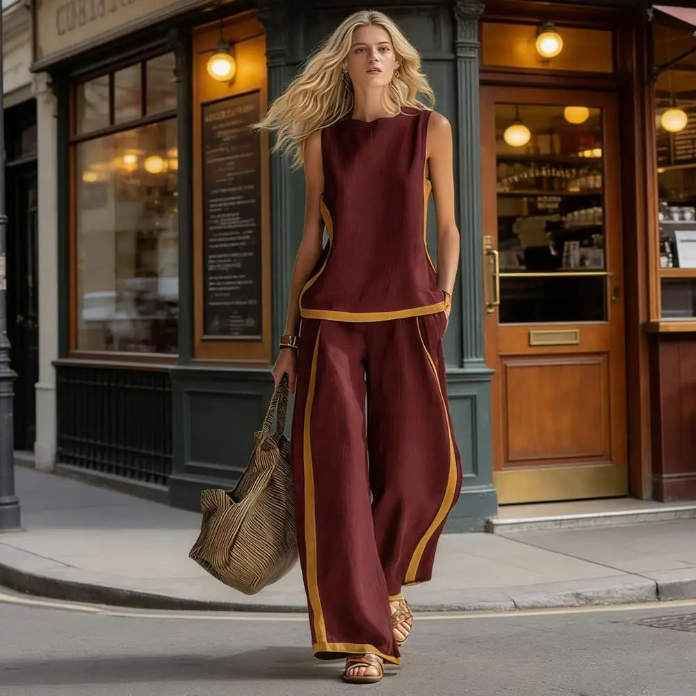 

Women's New 2 Piece Lounge Sets Sleeveless Crew Neck Top And Wide Leg Pants Outfit Summer Travel Vacation Female Matching Sets