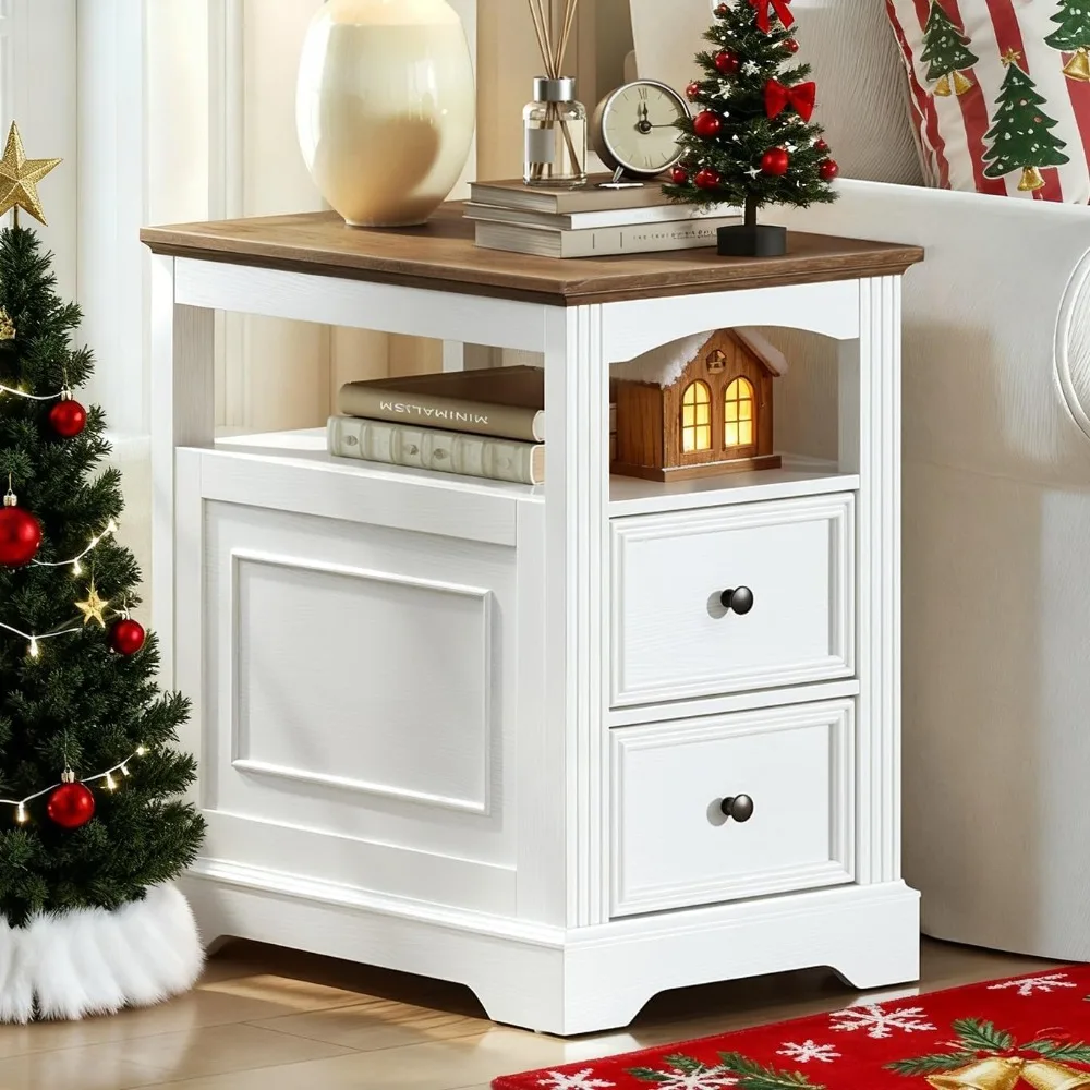 طاولة نهاية المزرعة مع درجين، طاولة جانبية ضيقة للأريكة مع مساحة تخزين ورف مفتوح، منضدة خشبية للمساحات الصغيرة، سرير #1