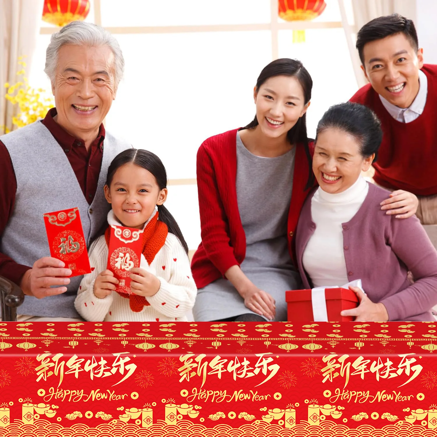 2025 Chinese New Year Tablecloth Disposable Red Plastic Table Cover with Lantern Firework for Lunar Spring Festival Party decorr