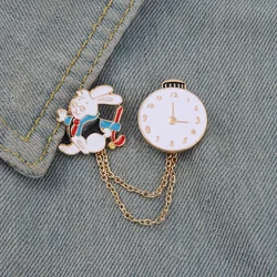 Cartoon Rabbit Pocket Watch pin Brooch Buckle Golden Metal Badge Bag Clothes Lapel Brooches For Women Men Kids Gifts