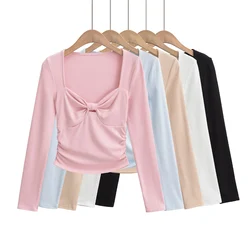 Y2k t shirt for women korean style sexy long sleeve top kawaii white crop top harajuku fashion square neck top front bow tie