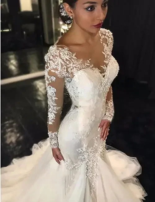 

Customized Stunning Appliqued V Neck Mermaid Wedding Dresses Sweep Long Sleeve Bridal Gown