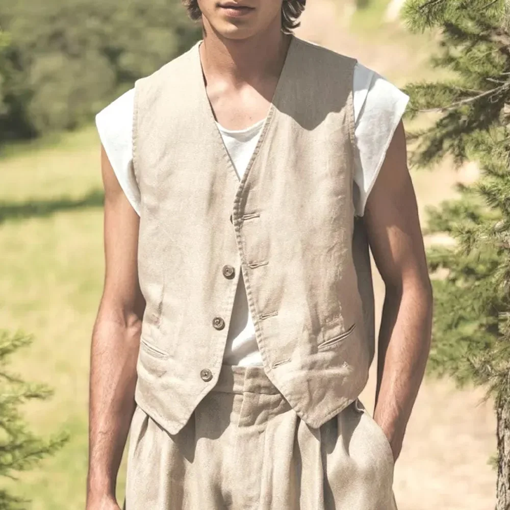 

Casual Men's Classic Vest Man Lightweight Comfortable Linen Fabric Single-breasted V-neck Elegant Suit Sleeveless Fancy Suits