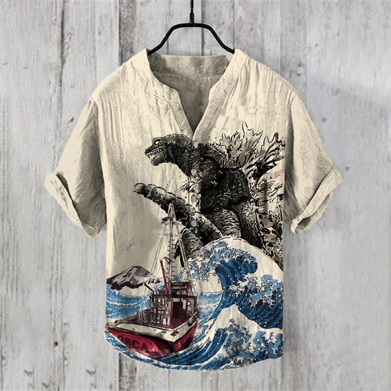 

Men's Vintage Casual Comfortable Linen Shirt, Breathable Clothing, Artistic Illustration Print, V-Neck, Fashion