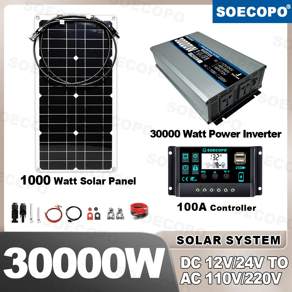 SOECOPO 30000 Stable Peak Solar System Kit 1000W Panel 110V220V Inverter 100A Controller Complete Off Grid For Camp Home charger