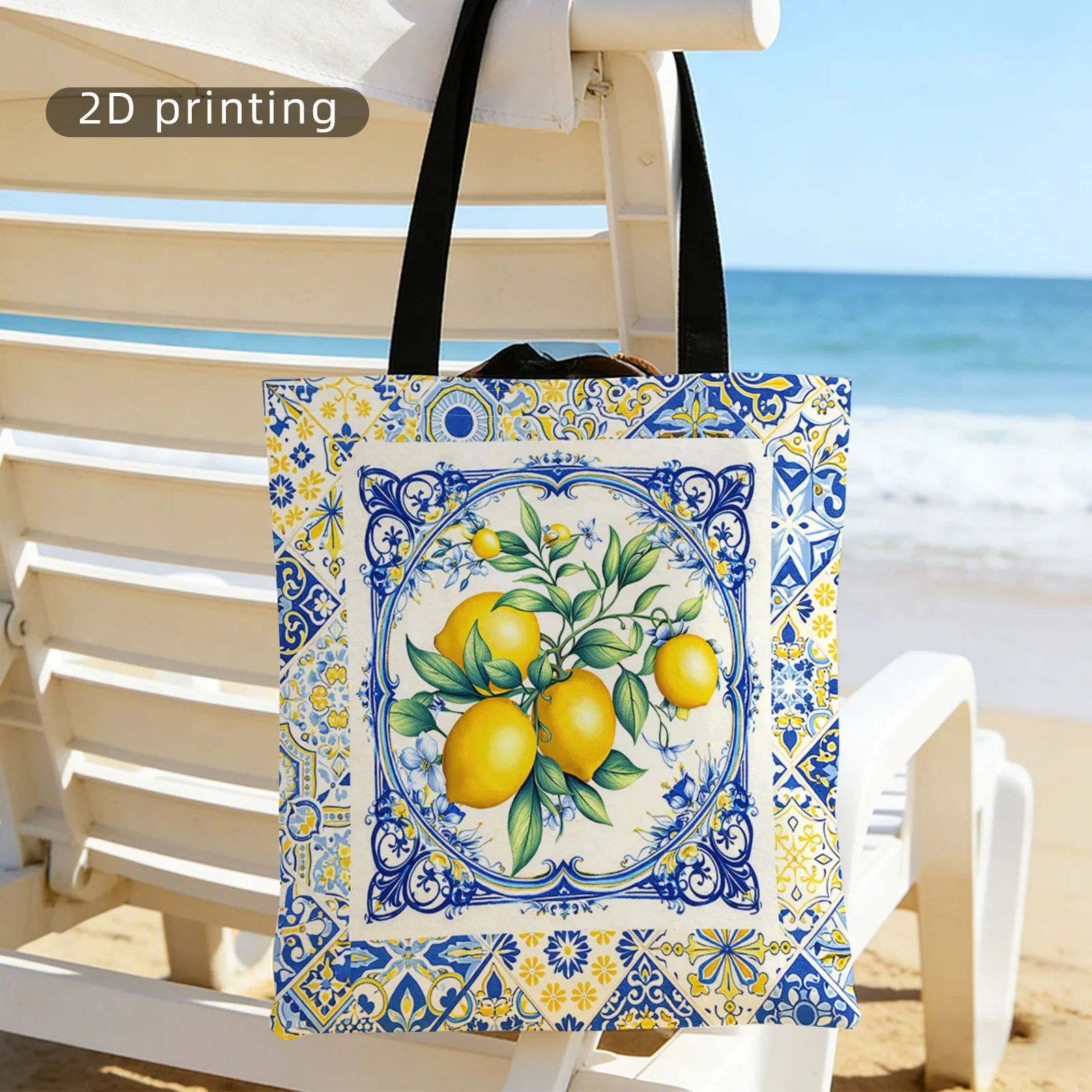 Pattern Printing Handbag Large Capacity Shoulder Shopping Bag Multi Purpose Package Blue and Yellow Tiles Lemons Foliage Design