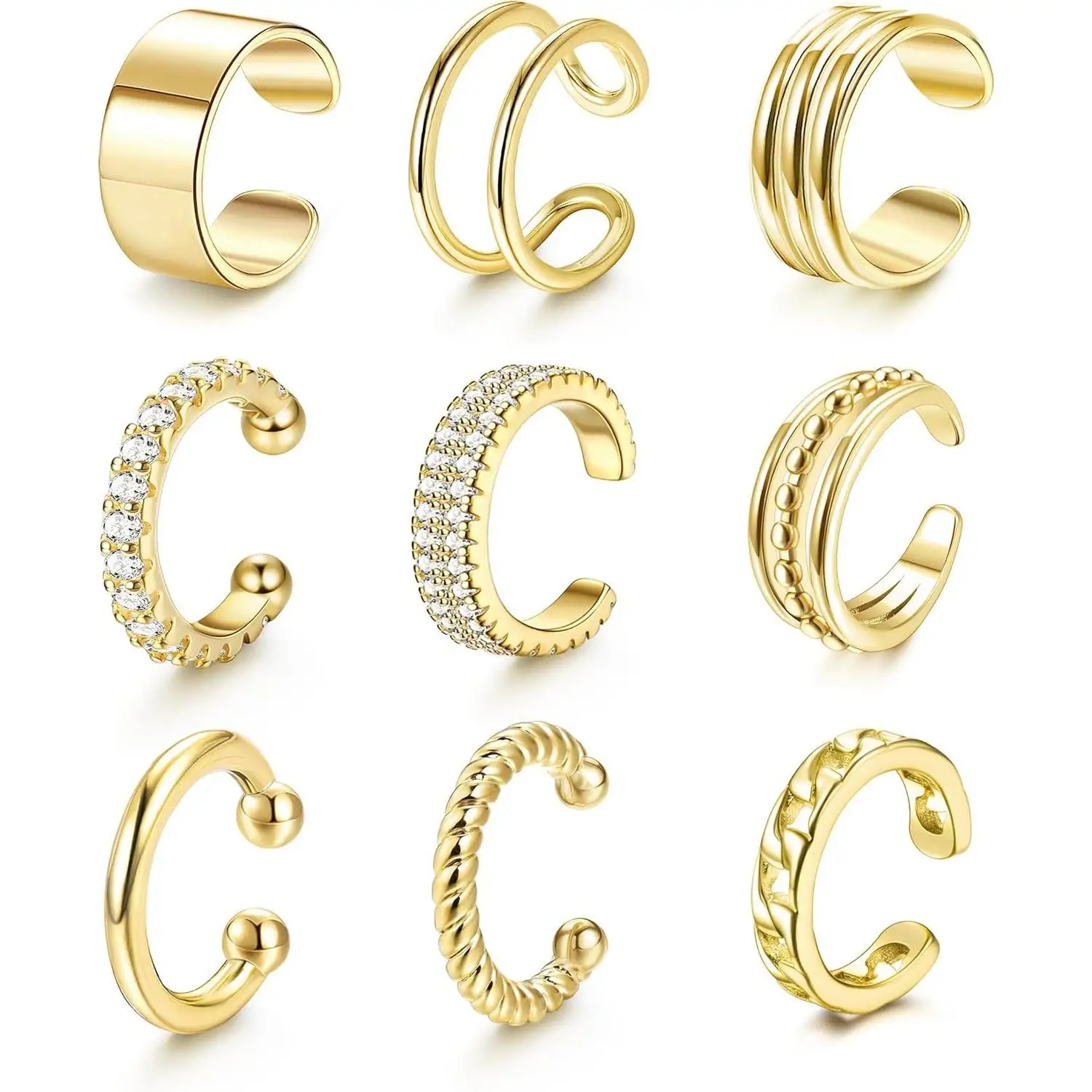 9Pcs 𝐄𝐚𝐫 𝐂𝐮𝐟𝐟 𝐄𝐚𝐫𝐫𝐢𝐧𝐠𝐬 for Women Non Piercing Gold Plated Ear Cuffs 𝟏𝟒𝐊 𝐆𝐨𝐥𝐝 𝐏𝐥𝐚𝐭𝐞𝐝 Ear Cuff for Non Pierced Ears Clip on Cartilage Earring 𝐅𝐚𝐤𝐞 𝐄𝐚𝐫𝐫𝐢𝐧𝐠𝐬 Lightweight