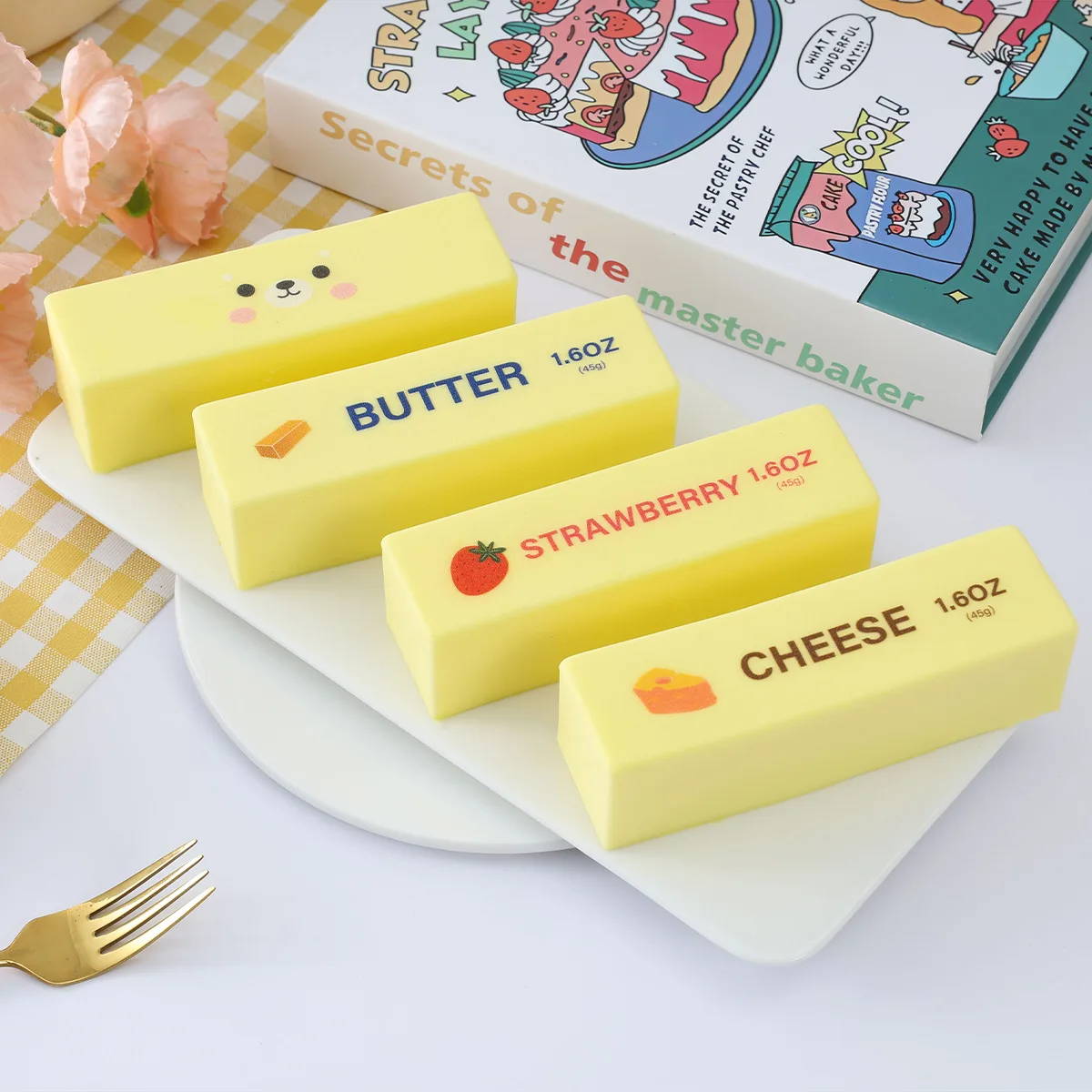 4pcs PU Simulated Cheese Butter Stick Model Fake Food Toy Artificial Food Photography Prop Bakery Shop Window Display Decor