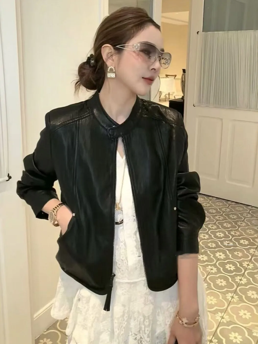 Elegant Short Protein Leather Jacket Women's Spring Autumn 2026 New Style Fashionable  Size Female Outerwear Coat