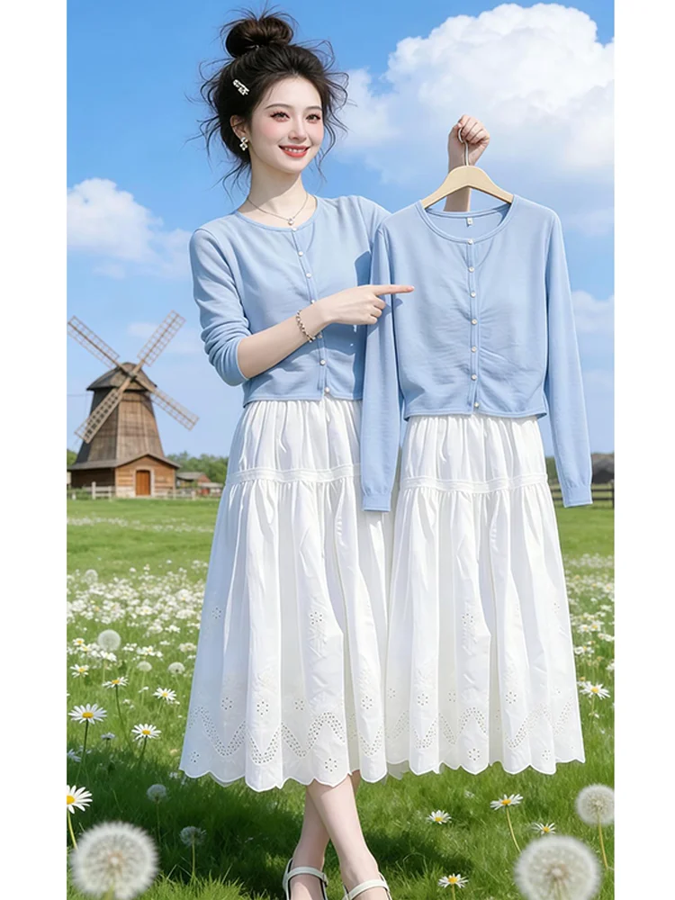 

Spring 2026 Women's Knitted Open Cardigan High Waist Thin Half-length Skirt Fashionable Two-piece Set Breathable Casual Style