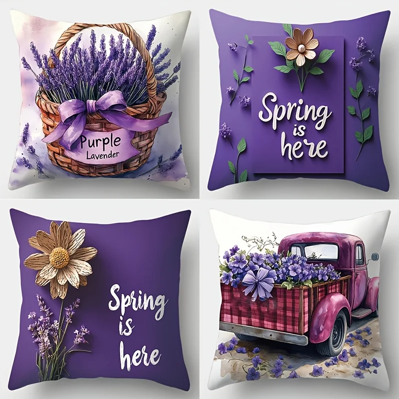 Premium 4 Piece Spring Decor Pillow Sham Set Purple Floral Lavender Printed Cushion Covers Polyester Home Accent Throw Pillow Ca
